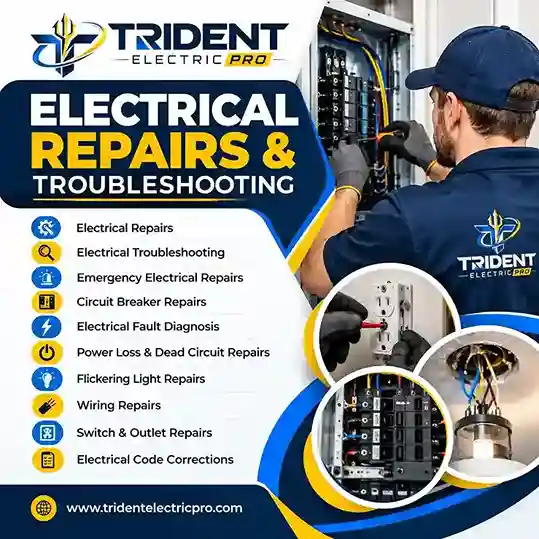 Electrical repairs and troubleshooting graphic showing an electrician testing a breaker panel